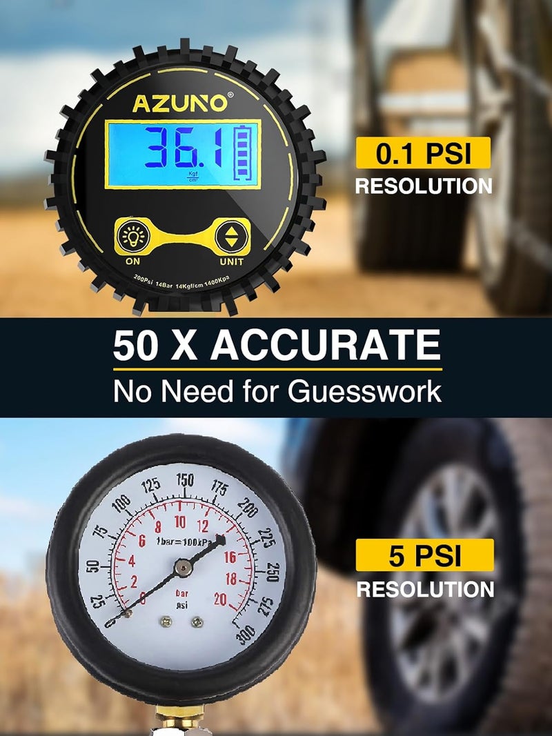 AZUNO Digital Tire Inflator with Pressure Gauge, 200 PSI, Heavy Duty Air Compressor Accessories, with Rubber Hose Lock on Air Chuck and Quick Connect Coupler, Comes with a Portable Carrying Box - Image 3